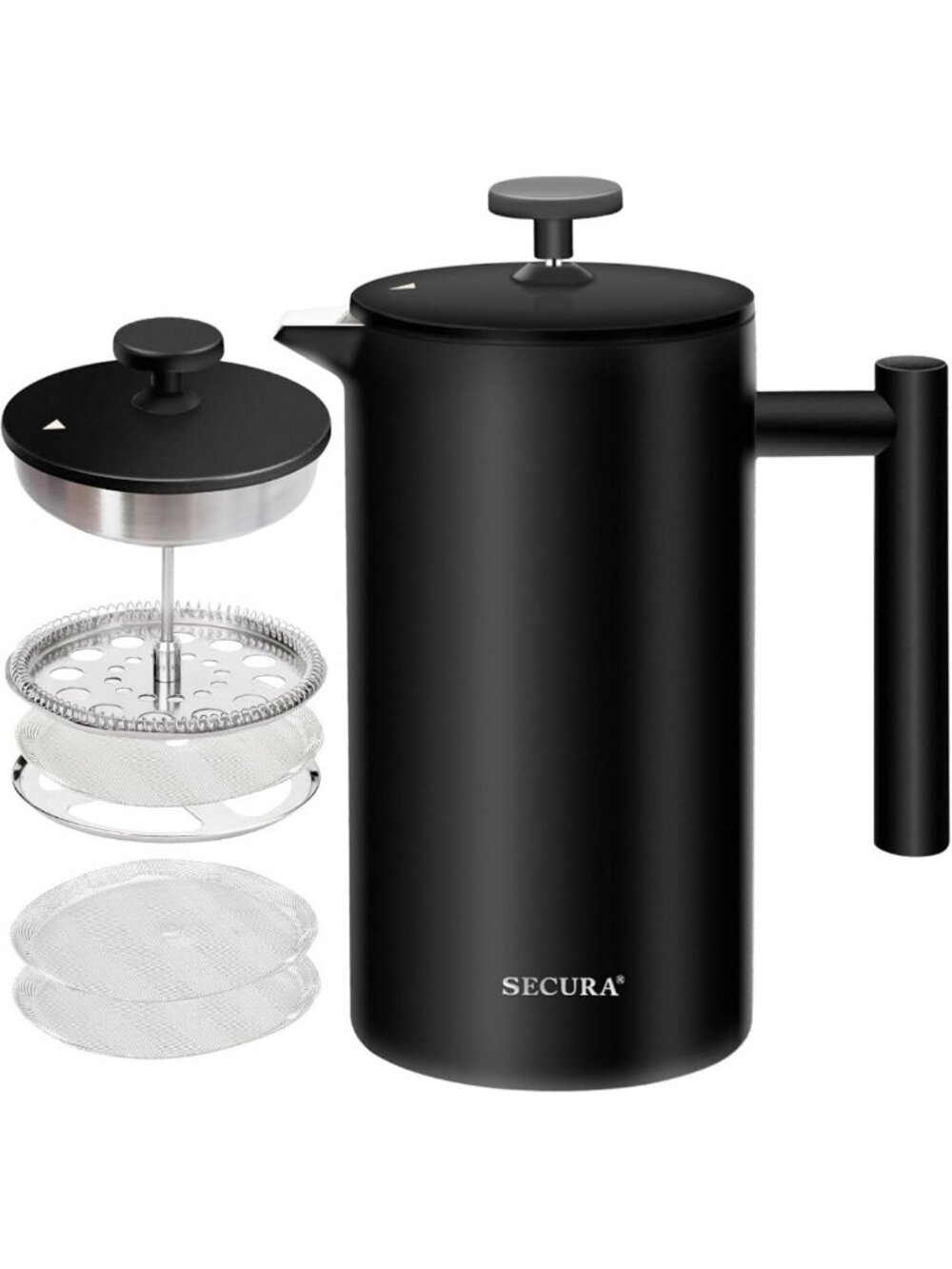 Insulated French Press Coffee Maker - 34oz Stainless Steel, 2 Extra Screens